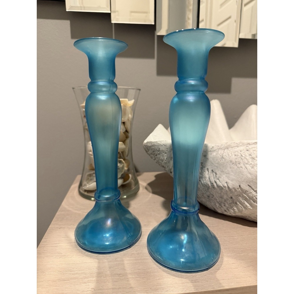 Vintage Diamond Blue Iridescent Stretch Glass Candlesticks Or Vases 1920's